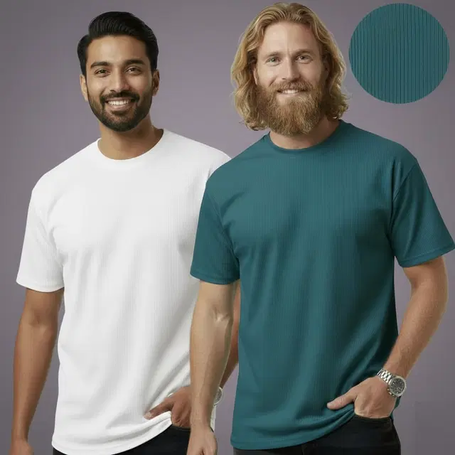 Polyester Round Neck T-shirt for Men, Multicolour, Pack of 2 (M)