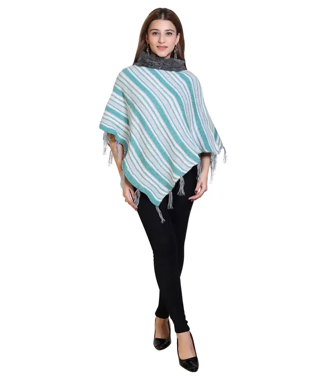 Woolen Self-Design Ponchos for Women (Green, M)