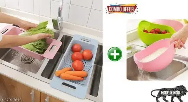 Plastic Adjustable Vegetable Strainer with Food Strainer, Multicolor, Set of 2