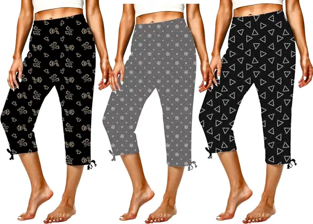 Cotton Printed Capris for Women, Pack of 3 (Multicolor, L)