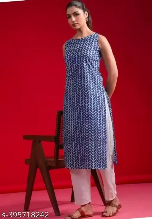 Womens Cotton Hand Block Printed Kurti, Navy Blue (M)
