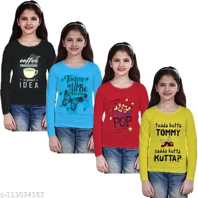 Cotton Full Sleeves T-Shirt for Girls, Pack of 4 (Multicolor, 7-8 Years)