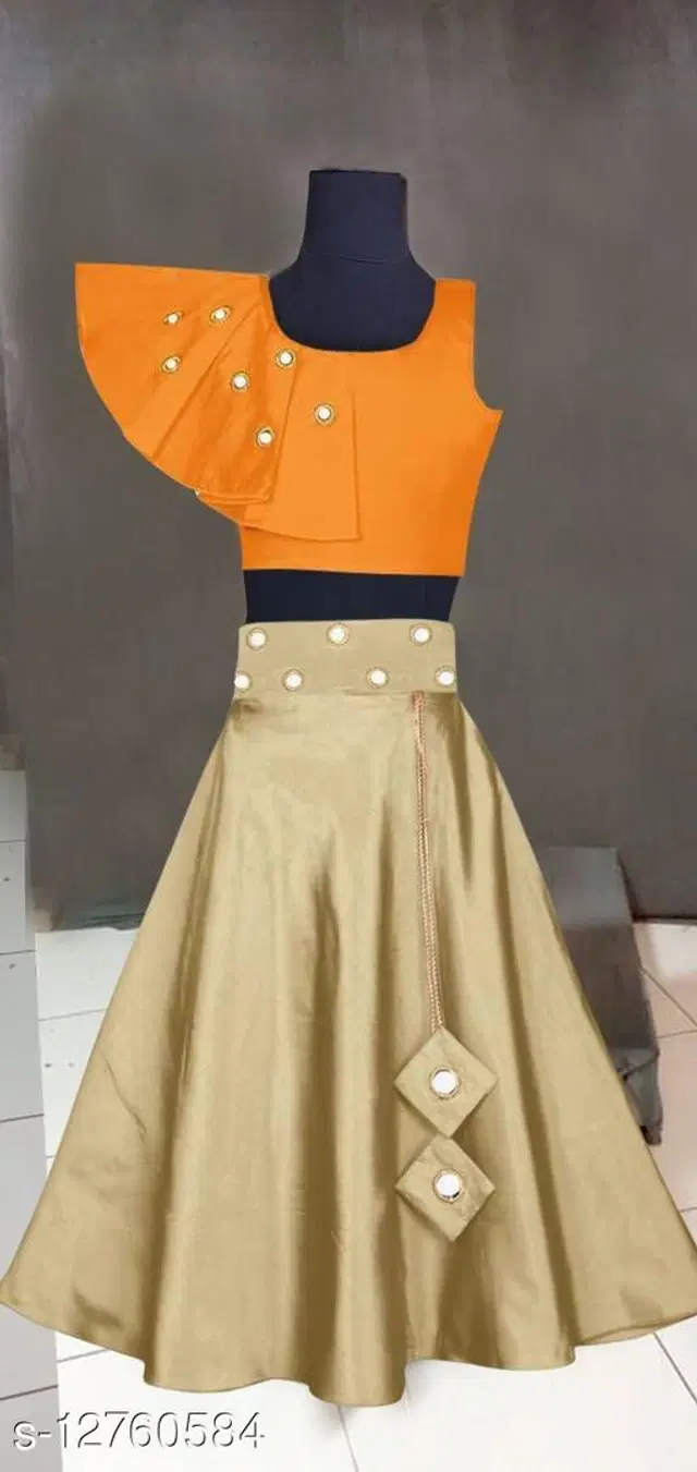 Cotton Blend Embellished Lehenga with Choli for Girls (Orange & Golden, 2-3 Years)