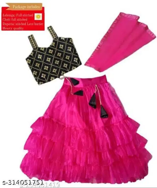 Taffeta Silk Lehenga with Choli & Dupatta for Girls (Black & Pink, 12-18 Months)