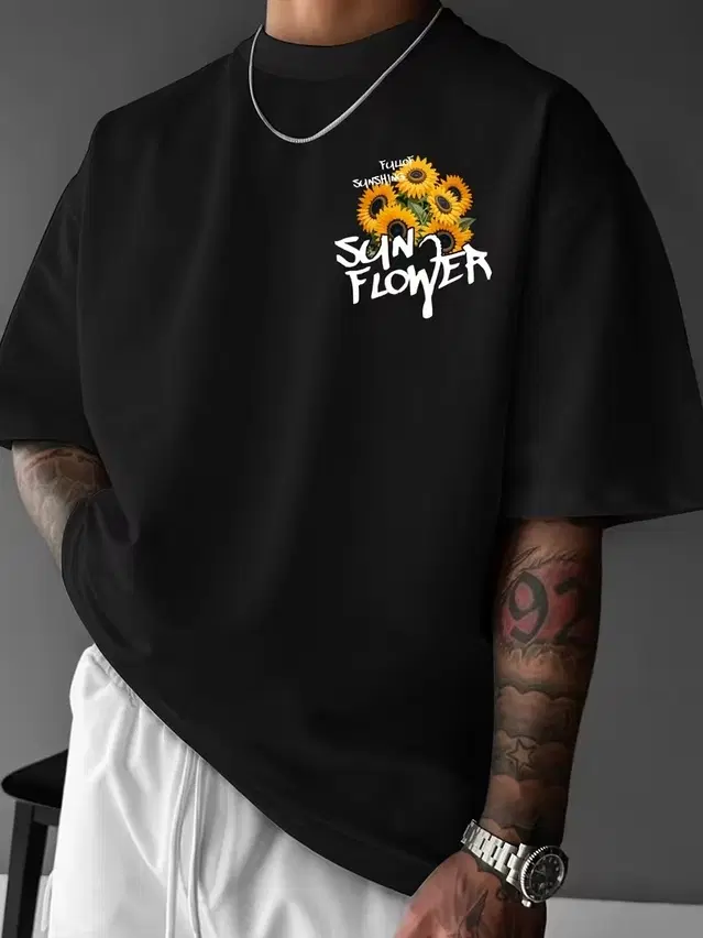 Cotton Blend Printed T-Shirt for Men, Black (XL)