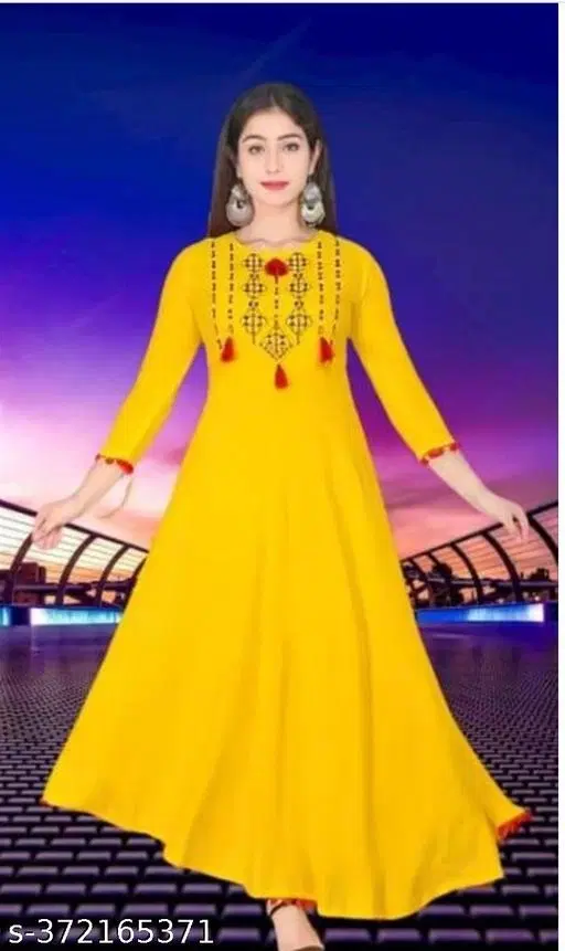 Women Embroidered Rayon Anarkali Kurta, Yellow (XL)