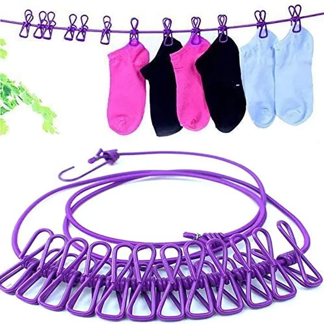 Stretchable Clothesline with 12 Pcs Cloth Pins, Multicolor