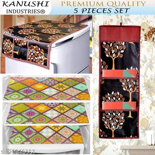 KANUSHI Industries® 1 Pc Fridge Cover for Top with 6 Utility Pockets (Brown Color)+ 3 Fridge Mats+1 Magazine holder (RK-FRI+M-22+MGZ-HOLDER-BROWN-TREE)…