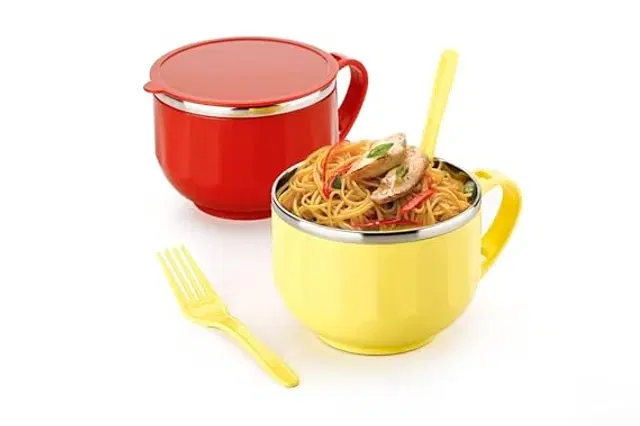 Inner Steel Microwave Safe Noodles, Soup Bowl with Spoon & Lid, Multicolor, Set of 2