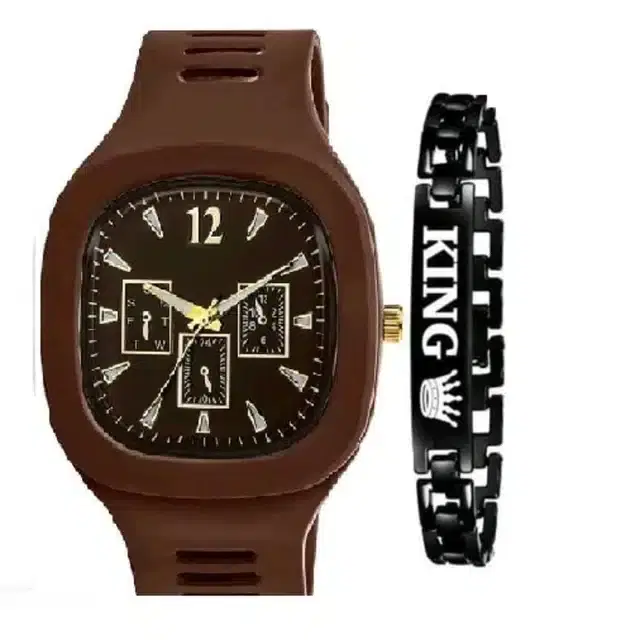 Analog Watch & Bracelet for Men, Pack of 2 (Brown & Black)