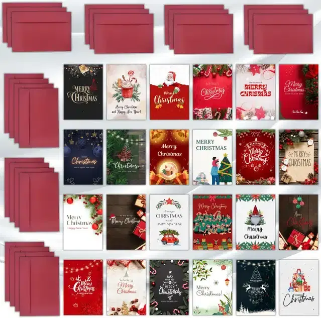 Merry Christmas Printed Cards with Envelopes, Multicolor, Set of 24