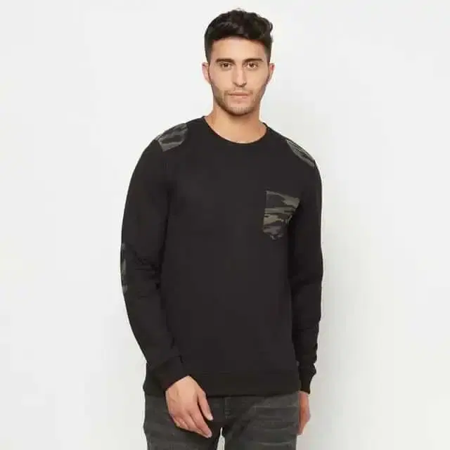 Glito Solid Camouflage Patch With Front Pocket Sweatshirt For Men (Black, M)