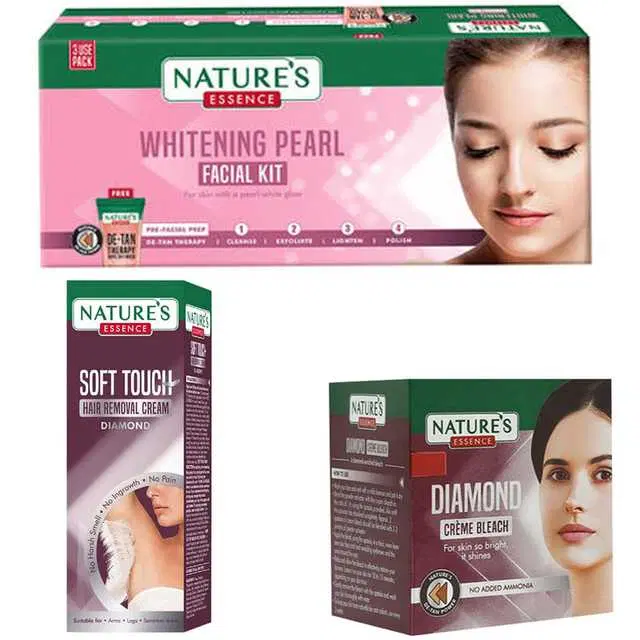 Combo of 1 Natures Whitening Pearl Facial Kit, 60 g & 1 Natures Diamond Creme Bleach, 21 g & 1 Natures Diamond Hair Removal Cream, 30 g, R480