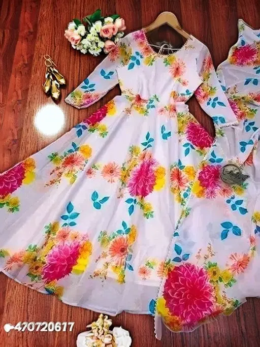 Georgette Printed Gown with Dupatta for Girls (Multicolor, XS)