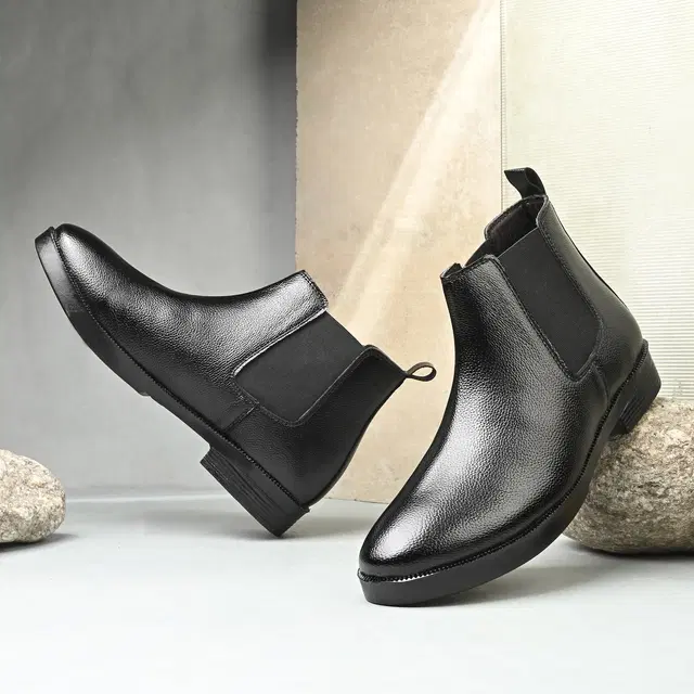 Solid Heeled Boots for Men, Synthetic Leather (Black, 6)