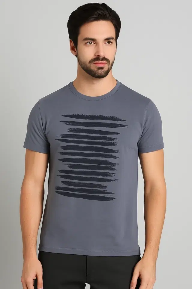 Round Neck Printed T-Shirt for Men, Grey (M)
