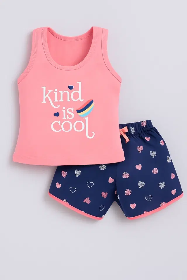 Cotton Blend Printed Clothing Set for Girls, Peach & Blue (2-3 Years)