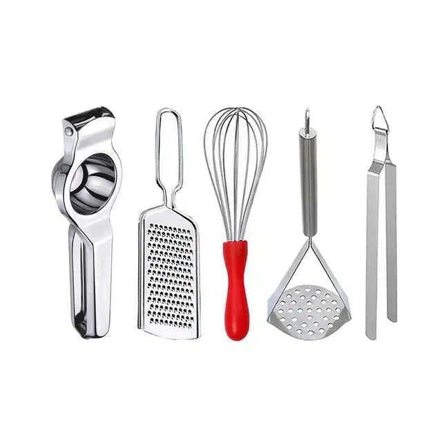 Oc9 Stainless Steel Lemon Squeezer & Cheese Grater & Egg Whisk & Potato Masher & Roti Chimta Kitchen Tool Set, O-117
