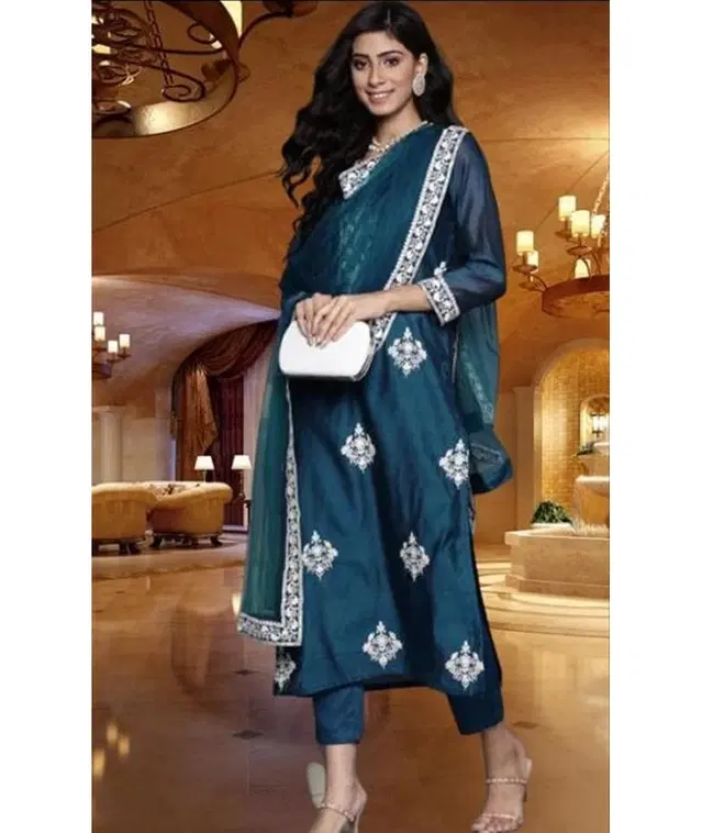 Viscose Rayon Embroidered Kurta with Pant & Dupatta for Women (Multicolor, L)