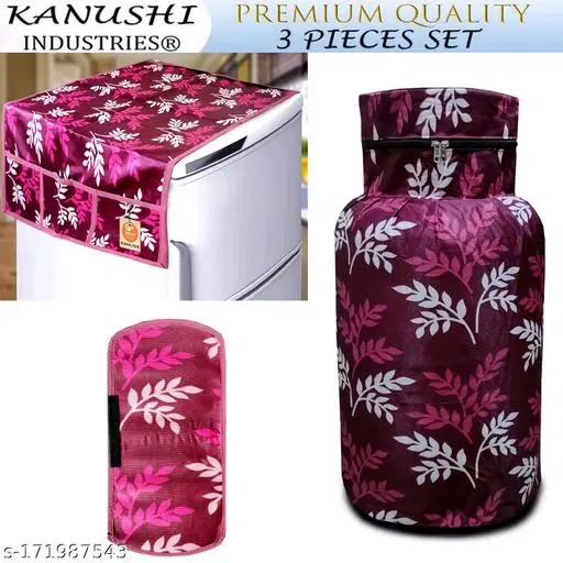 KANUSHI Industries® 1Pc Fridge Cover/Refrigerator top Cover for Top with 6 Utility Pockets+1 pc Cylinder Cover+1 pc Handle (FRI+CYL+1-Handle-Wine-Small-LEVS