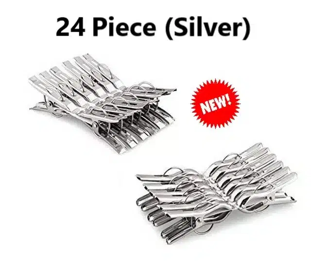Stainless Steel Cloth Drying Clips Set, Pack of 24, Silver