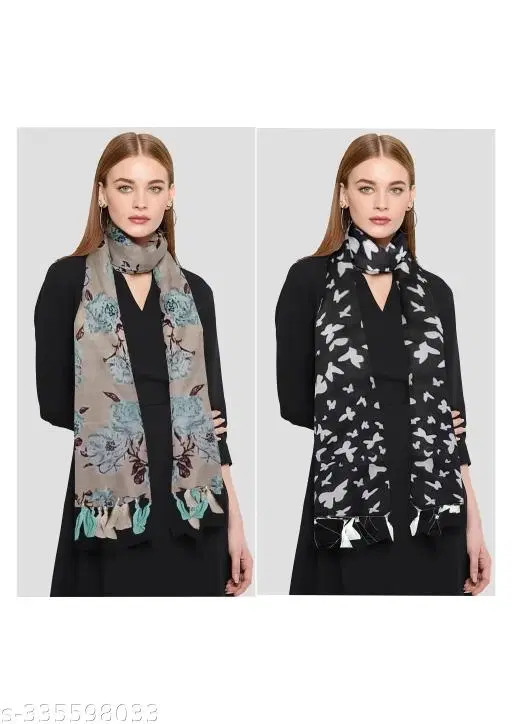 Printed Chiffon Scarves with Tassels for Women, Multicolor, Pack of 2