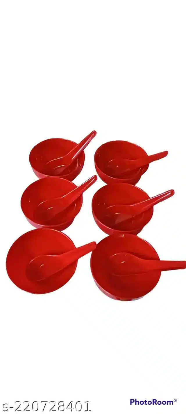 Plastic 6 Pcs Bowls with 6 Pcs Spoons, Red, Set of 2
