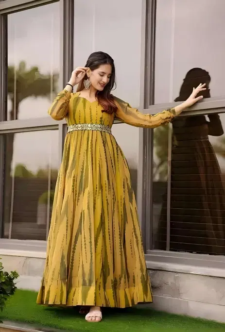 Georgette Printed Gown for Women, Mustard (S)