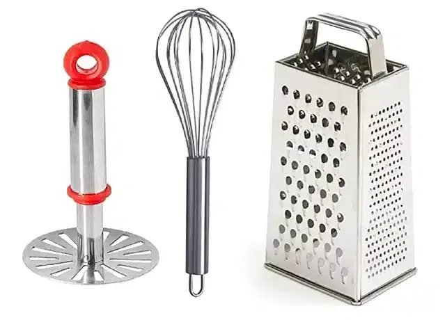 Combo Of Potato Masher, Egg Whisk And 4 Sides Grater, Set Of 3, Multicolor, Free Size, B67