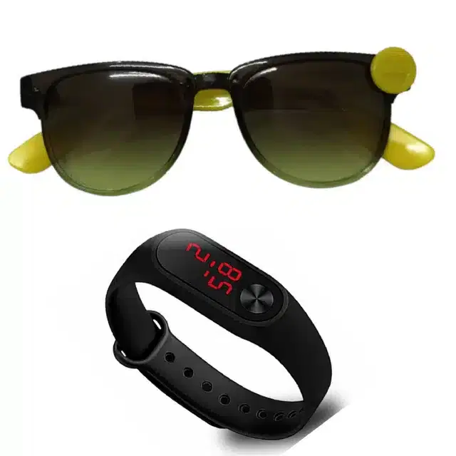 UV Protected Sunglass with Digital Watch for Boys & Girls, Set of 2 (Green & Black)