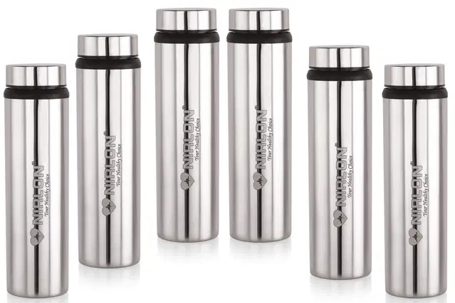 Nirlon Eco Lite Stainless Steel Water Bottle, 900Ml, Silver|Leak Proof|Office Bottle|Gym Bottle|Home|Kitchen|Hiking|Treking Bottle|Travel Bottle|Set Of 6