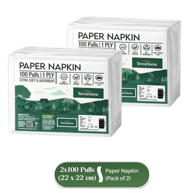 TerraHome Small Tissue Paper Napkins, 1 Ply, 22x22cm [2x100 Pieces] (Pack of 2)