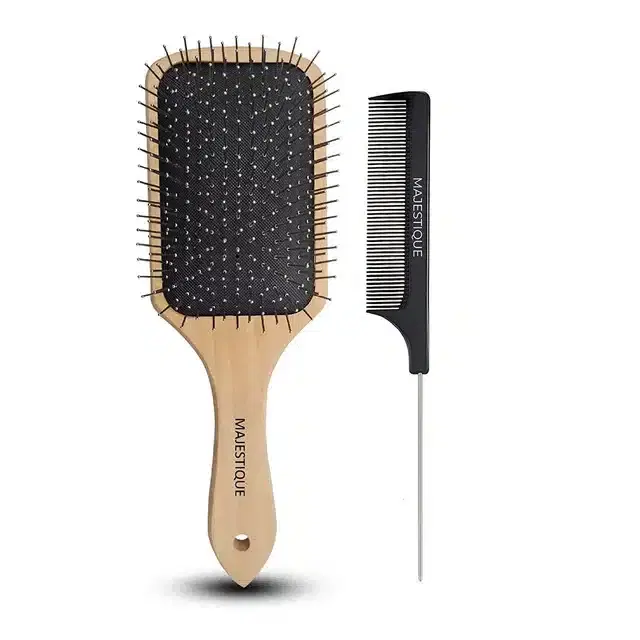 Majestique Wood Hair Brush and Detangle Tail Comb, Combo of 2, B-56