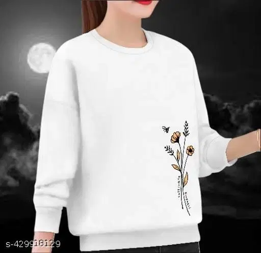 Cotton Printed Sweatshirt for Women (White, XS)