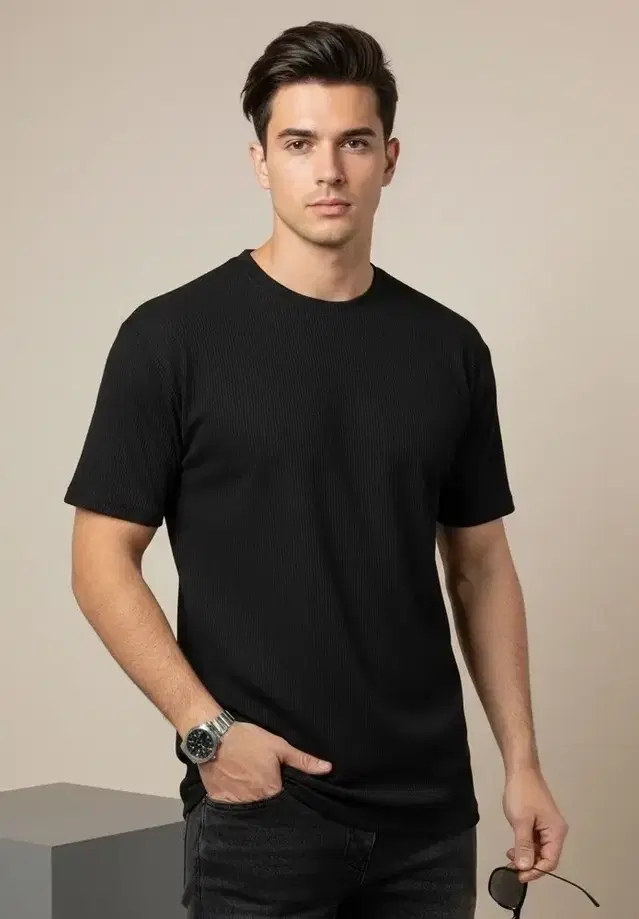Polyester Solid T-Shirt for Men, Black (XL)