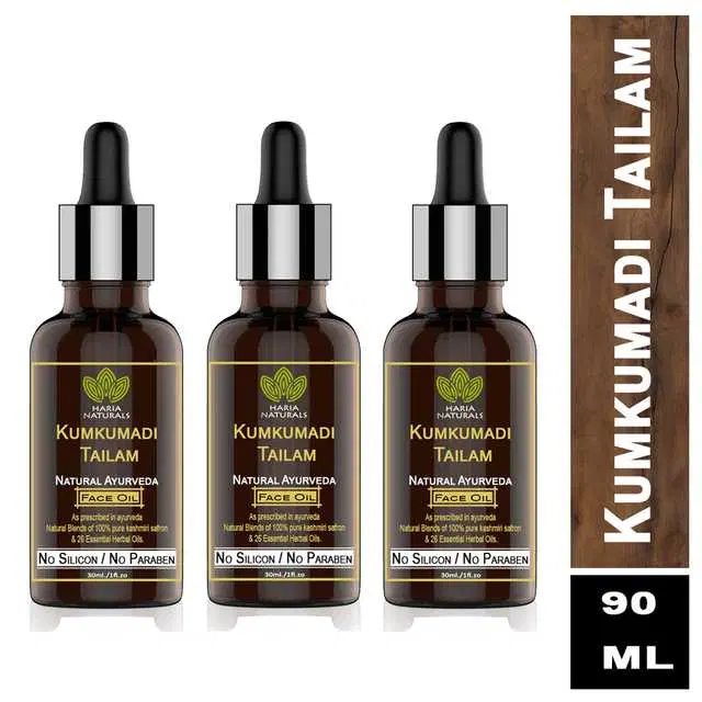 Haria Naturals Pure Kumkumadi Tailam For Radiant Skin For Brightens, Healthy & Glowing Skin  30 ml, pack of 3, 90 ml, Pack of 3, B-15194