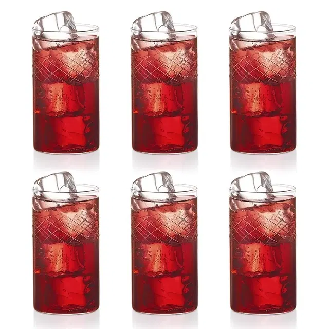 Borosil 350 ml 6 Pc Cut Design Large Drinking Glass Set | Made In India Borosilicate Glass Tumblers For Water, Cold Drinks, Juice| Microwave & Dishwasher Safe For Dailyuse & Gifting (Bracelet)