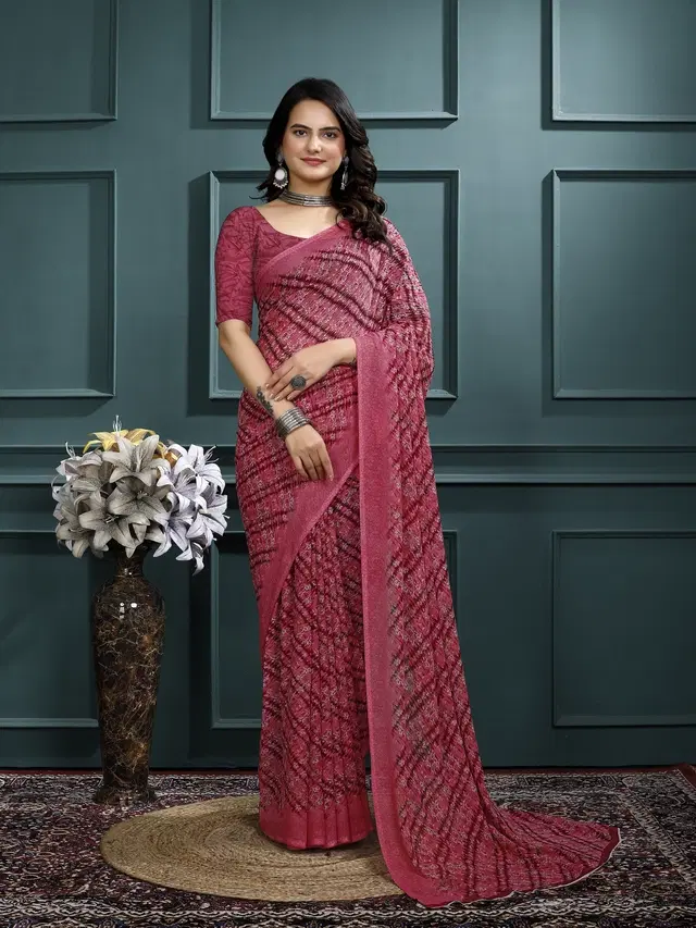 Georgette Printed Saree for Women, PInk