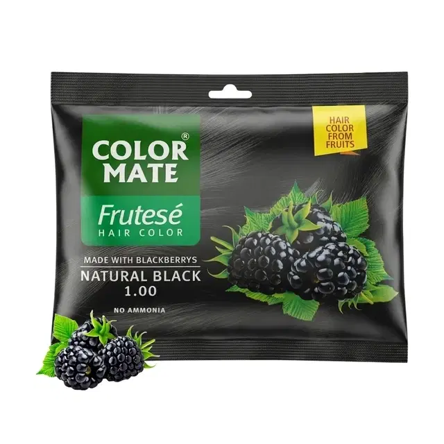 Color Mate Frutese Hair Color With Blackberry Extracts, No Ammonia, 100% Grey Coverage | Long-Lasting, Natural, Hair Colour From Fruits For Men & Women | 1.00 Natural Black, 40 ml
