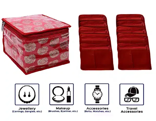 Multipurpose Storage Bag with 10 Transparent Pouches, Maroon, 18x18x13 cm, Set of 11