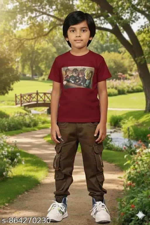 Printed Cotton Blend Tshirts for Boys (Maroon, 9-10 Years)