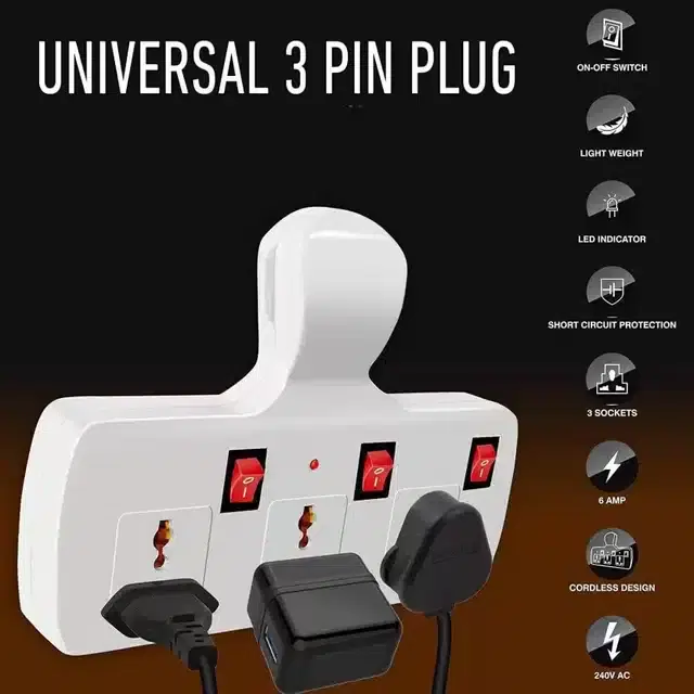 Three Pin Extension Board with Individual Switches & LED Indicators, White