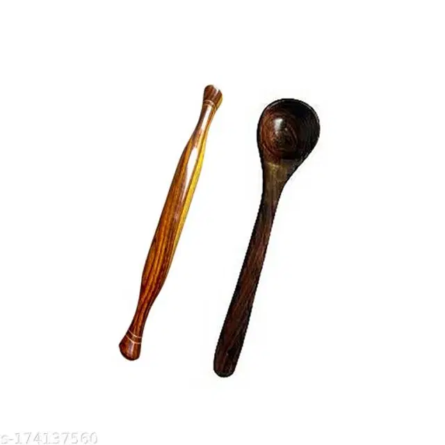 Wooden Rolling Pin with Serving Spoon, Brown, Set of 2