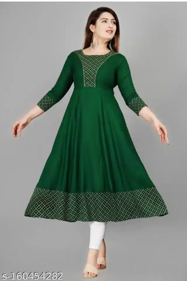 Anarkali Rayon Printed Kurti for Women (Green, S)