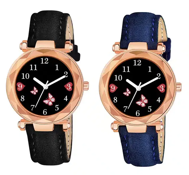 Designer Leather Analog Watch for Women & Girls, Pack of 2 (Black & Blue)