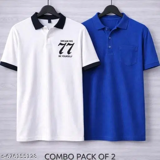 Cotton Blend Printed T-shirt for men, White & Blue (XL) Pack of 2