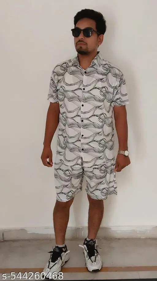 Rayon Printed Top & Bottom Set for Men, White (M)