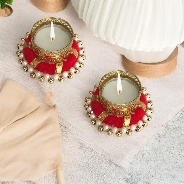 Metal Designer Tealight Candle Holder, Red, 7.8x7.8x3 cm, Pack of 2