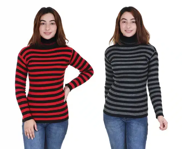 Full Sleeves Striped Sweater for Women, Pack of 2 (Grey & Maroon, M)