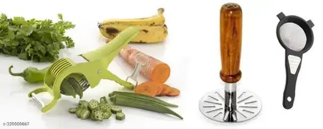 Vegetable Cutter with Masher & Tea Strainer, Multicolor, Set of 3